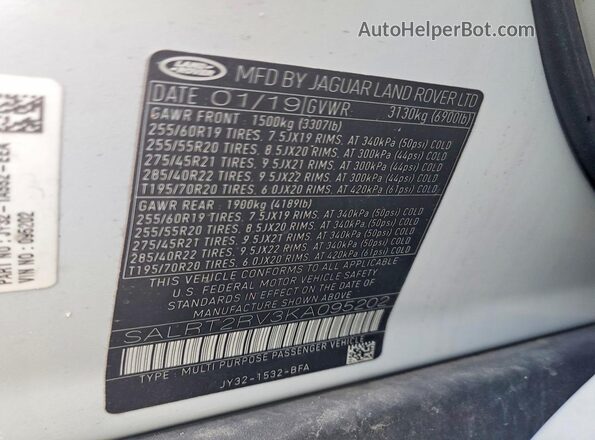 SALRT2RV3KA095202 2019 LAND ROVER DISCOVERY White VIN კოდის სტიკერის ხედი