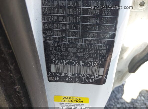 SALVP2RX2JH279752 2018 LAND ROVER RANGE ROVER EVOQUE White Вид підкапотного простору
