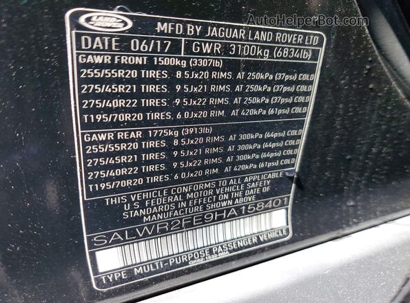 SALWR2FE9HA158401 2017 LAND ROVER RANGE Black VIN კოდის სტიკერის ხედი
