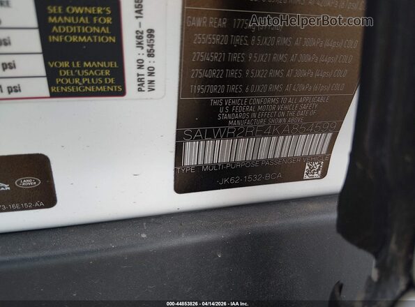 SALWR2RE4KA854599 2019 LAND ROVER RANGE ROVER SPORT White Vista del compartimento del motor