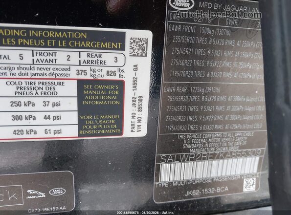 SALWR2RE7KA855309 2019 LAND ROVER RANGE ROVER SPORT Black Engine compartment view