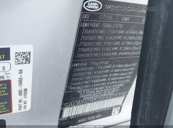 SALWR2RK5KA415336 2019 LAND ROVER RANGE ROVER SPORT Silver Вид підкапотного простору