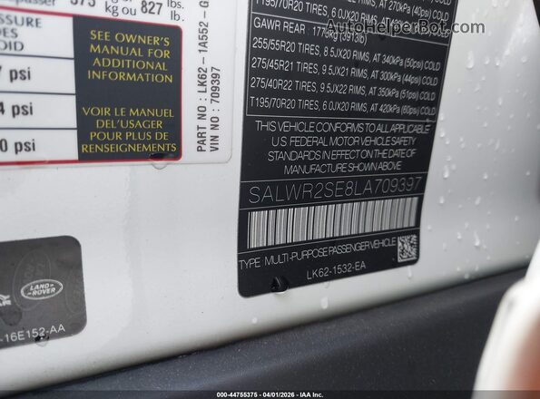 SALWR2SE8LA709397 2020 LAND ROVER RANGE ROVER SPORT White Vista del compartimento del motor