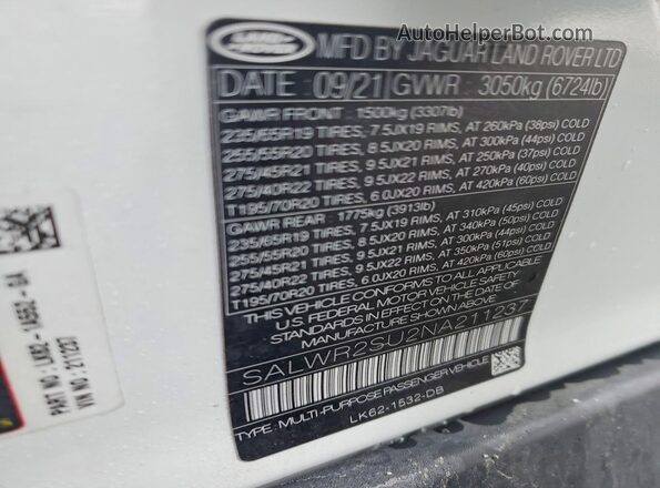 SALWR2SU2NA211237 2022 LAND ROVER RANGE Белый Вид наклейки с VIN-кодом
