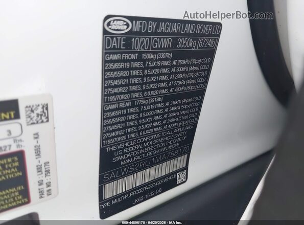 SALWS2RU1MA758170 2021 LAND ROVER RANGE ROVER SPORT White Engine compartment view