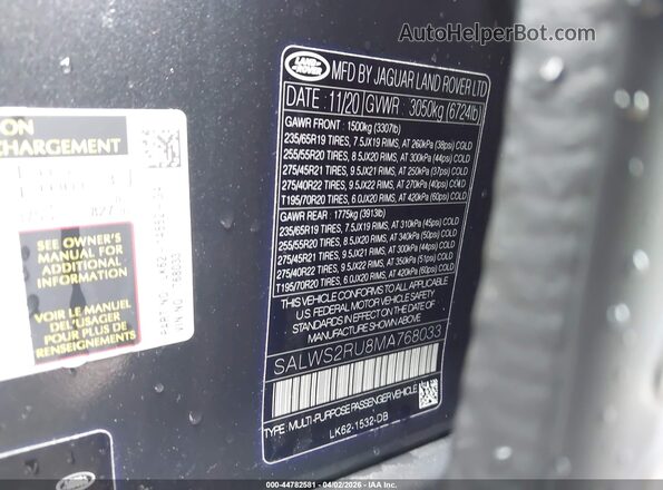 SALWS2RU8MA768033 2021 LAND ROVER RANGE ROVER SPORT Gray Engine compartment view