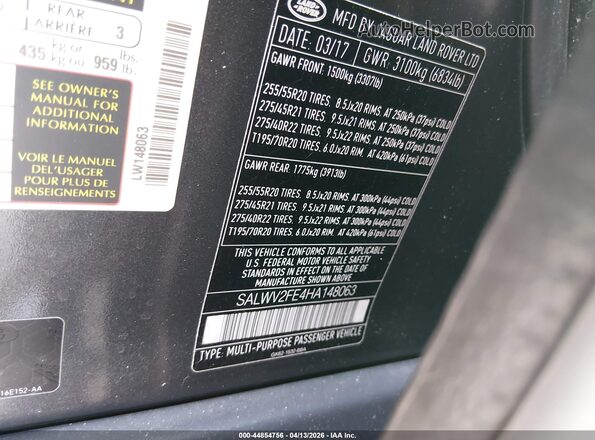 SALWV2FE4HA148063 2017 LAND ROVER RANGE ROVER SPORT Black ძრავის განყოფილების ხედი