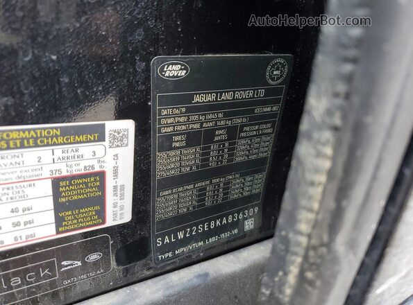 SALWZ2SE8KA836309 2019 LAND ROVER RANGE Черный 