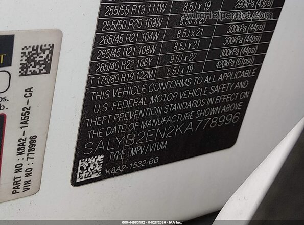 SALYB2EN2KA778996 2019 LAND ROVER RANGE ROVER VELAR White Вид підкапотного простору