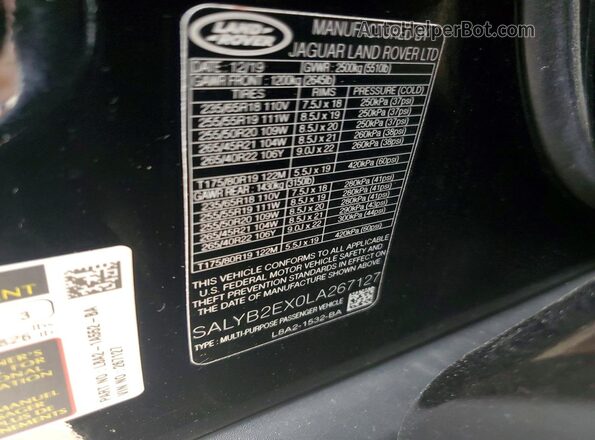 SALYB2EX0LA267127 2020 LAND ROVER RANGE Black ძრავის განყოფილების ხედი