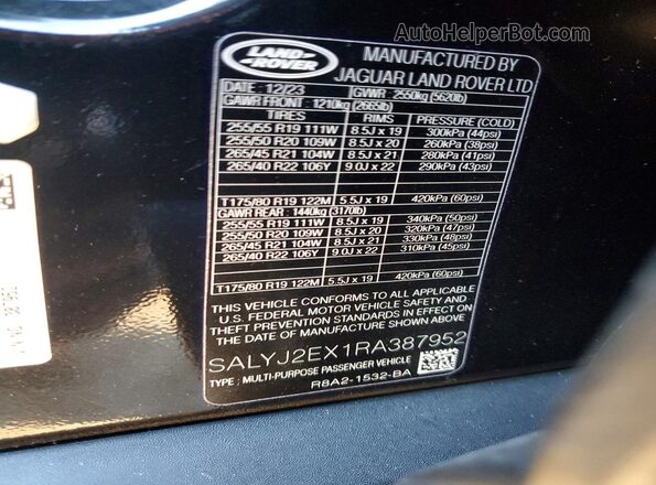 SALYJ2EX1RA387952 2024 LAND ROVER RANGE Black Widok naklejki z numerem VIN
