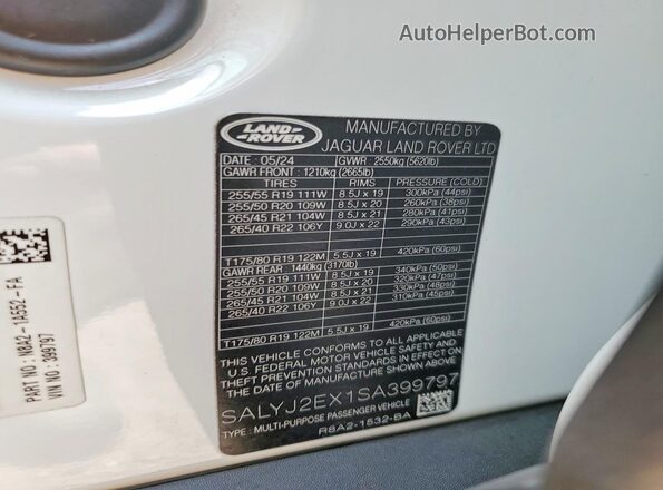 SALYJ2EX1SA399797 2025 LAND ROVER RANGE White Vista de la etiqueta del VIN