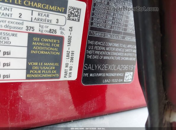 SALYK2EX0LA296191 2020 LAND ROVER RANGE ROVER VELAR Red Շարժիչի բաժամունքի տեսք