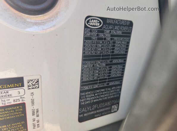 SALYL2FU0SA807964 2025 LAND ROVER RANGE White Widok naklejki z numerem VIN