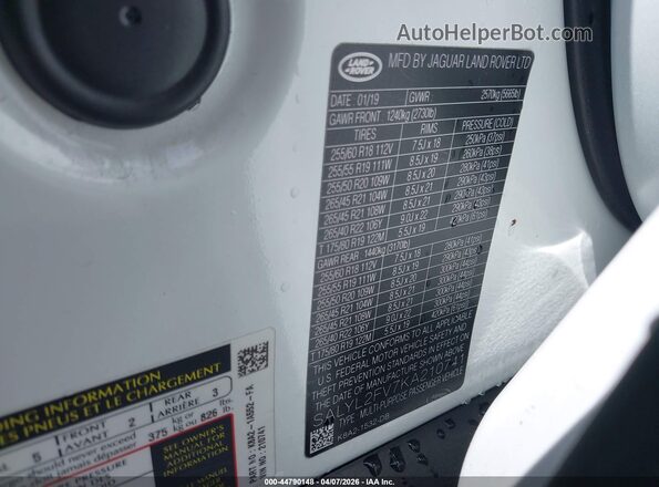 SALYL2FV7KA210741 2019 LAND ROVER RANGE ROVER VELAR White Շարժիչի բաժամունքի տեսք