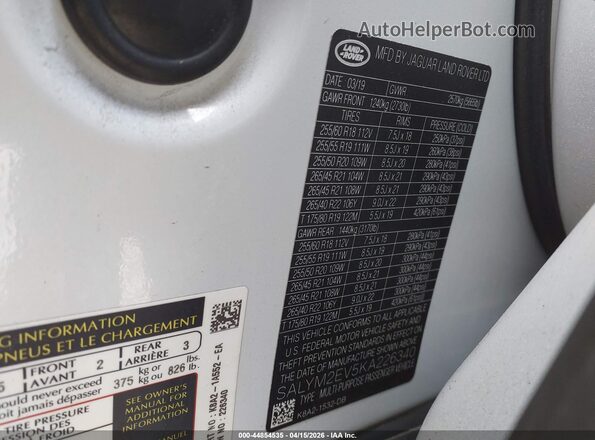 SALYM2EV5KA226340 2019 LAND ROVER RANGE ROVER VELAR Белый Вид подкапотного пространства