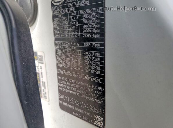 SALYT2EX2MA298586 2021 LAND ROVER RANGE White VIN կոդի պիտակի տեսք