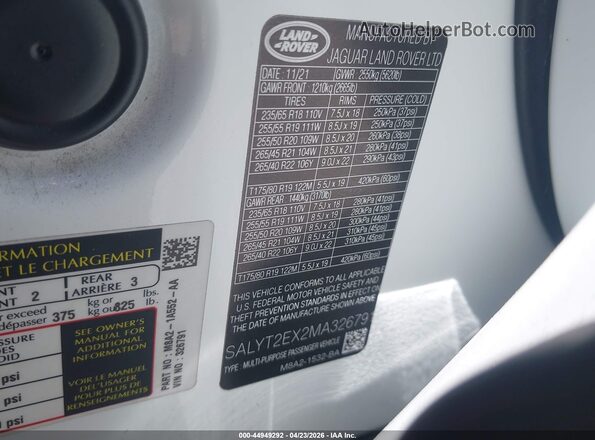 SALYT2EX2MA326791 2021 LAND ROVER RANGE ROVER VELAR White 