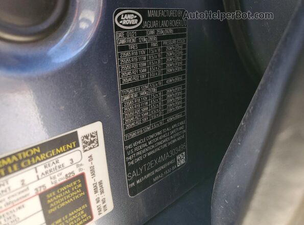 SALYT2EX4MA303495 2021 LAND ROVER RANGE Blue Widok wnętrza 360 stopni