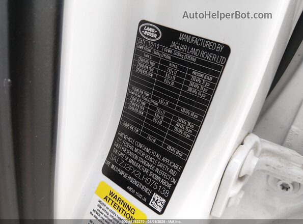 SALZJ2FX2LH075138 2020 LAND ROVER RANGE ROVER EVOQUE White Вид підкапотного простору