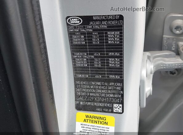 SALZJ2FX3NH173047 2022 LAND ROVER RANGE ROVER EVOQUE Серый Вид подкапотного пространства