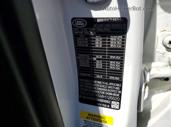SALZJ2FX5MH126620 2021 LAND ROVER RANGE White Вид наклейки з VIN-кодом