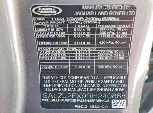 SALZJ2FX9RH240868 2024 LAND ROVER RANGE Charcoal Widok wnętrza 360 stopni
