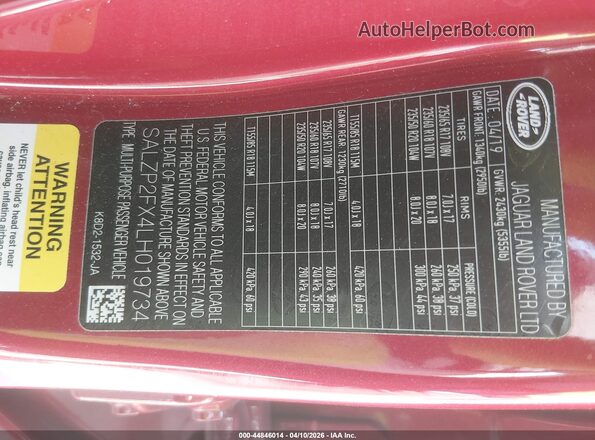 SALZP2FX4LH019734 2020 LAND ROVER RANGE ROVER EVOQUE Red Engine compartment view