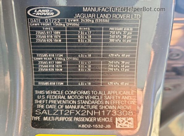 SALZT2FX2NH173308 2022 LAND ROVER RANGE Gray 
