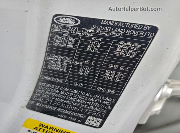SALZT2FX4NH172953 2022 LAND ROVER RANGE White VIN კოდის სტიკერის ხედი
