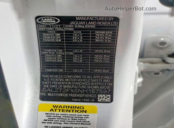 SALZT2FX5NH167597 2022 LAND ROVER RANGE White Widok komory silnika