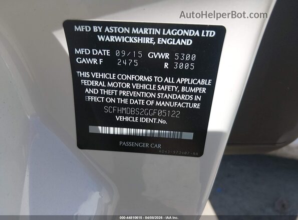 SCFHMDBS2GGF05122 2016 ASTON MARTIN RAPIDE S White Շարժիչի բաժամունքի տեսք