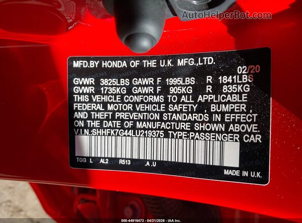 SHHFK7G44LU219375 2020 HONDA CIVIC Red Engine compartment view