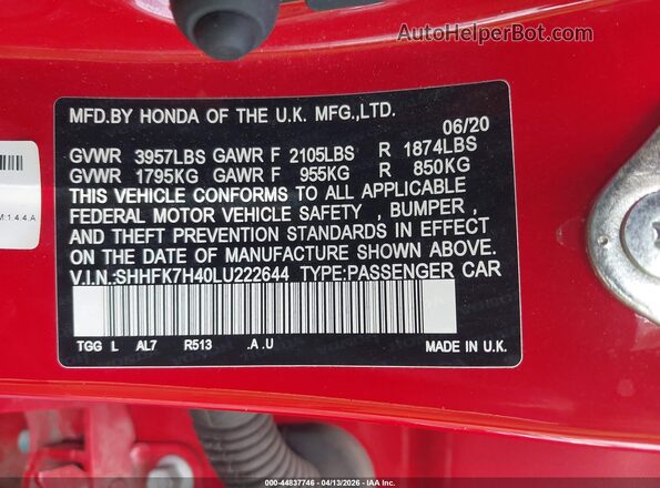 SHHFK7H40LU222644 2020 HONDA CIVIC Red Widok komory silnika