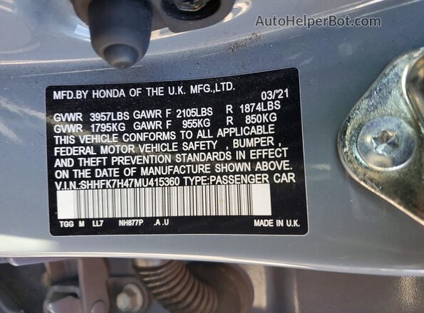 SHHFK7H47MU415360 2021 HONDA CIVIC Blue Engine compartment view