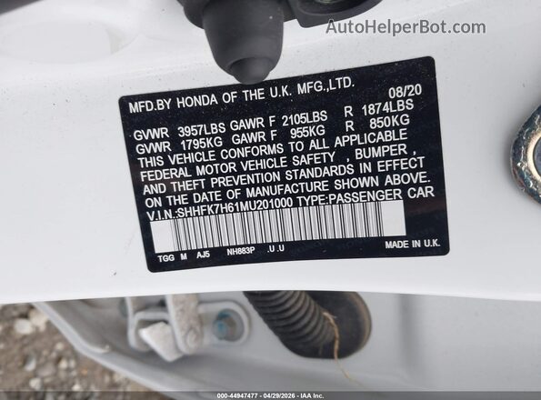 SHHFK7H61MU201000 2021 HONDA CIVIC White Widok komory silnika