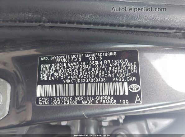 VNKKTUD32GA069408 2016 TOYOTA YARIS Gray ძრავის განყოფილების ხედი