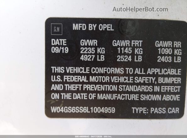 W04GS6SS6L1004959 2020 BUICK REGAL White Engine compartment view