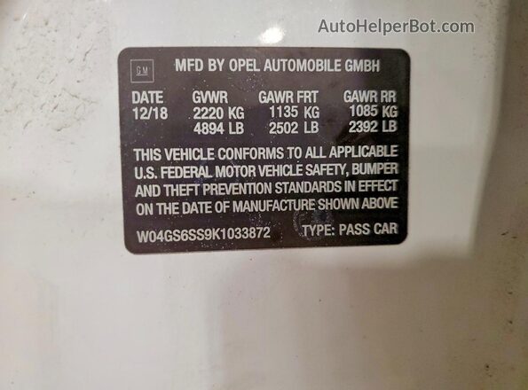 W04GS6SS9K1033872 2019 BUICK REGAL Белый Вид наклейки с VIN-кодом