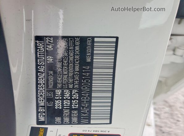W1KAF4HB4NR051414 2022 MERCEDES-BENZ C Белый 