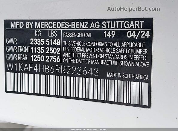 W1KAF4HB6RR223643 2024 MERCEDES-BENZ C-CLASS White 