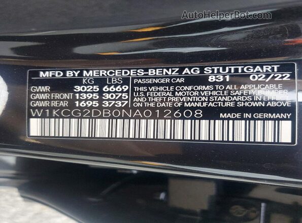 W1KCG2DB0NA012608 2022 MERCEDES-BENZ EQS Black VIN կոդի պիտակի տեսք