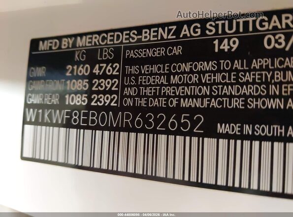 W1KWF8EB0MR632652 2021 MERCEDES-BENZ C-CLASS White Շարժիչի բաժամունքի տեսք
