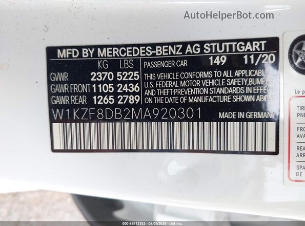 W1KZF8DB2MA920301 2021 MERCEDES-BENZ E-CLASS White Vista del compartimento del motor