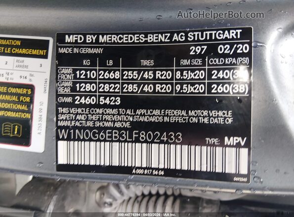 W1N0G6EB3LF802433 2020 MERCEDES-BENZ AMG GLC 43 Gray VIN sticker view