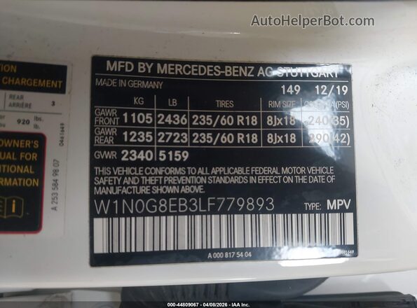 W1N0G8EB3LF779893 2020 MERCEDES-BENZ GLC 300 White 