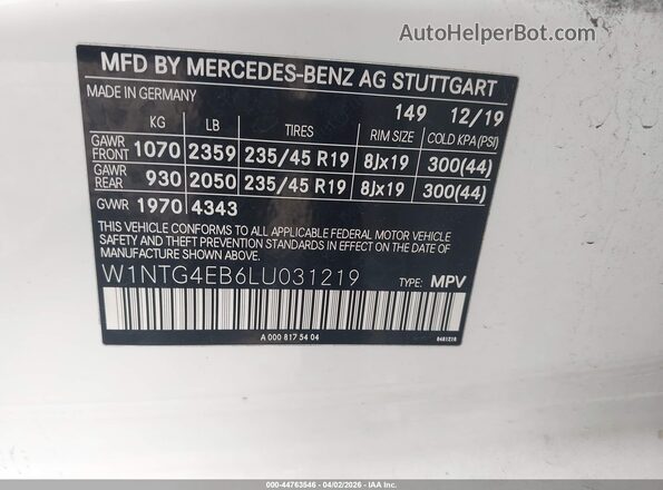 W1NTG4EB6LU031219 2020 MERCEDES-BENZ GLA 250 White Вид підкапотного простору