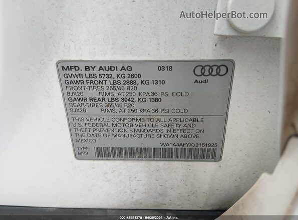 WA1A4AFYXJ2151925 2018 AUDI SQ5 White Շարժիչի բաժամունքի տեսք
