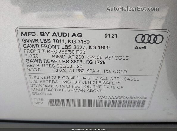 WA1AAAGE0MB025624 2021 AUDI E-TRON Gray Вид підкапотного простору