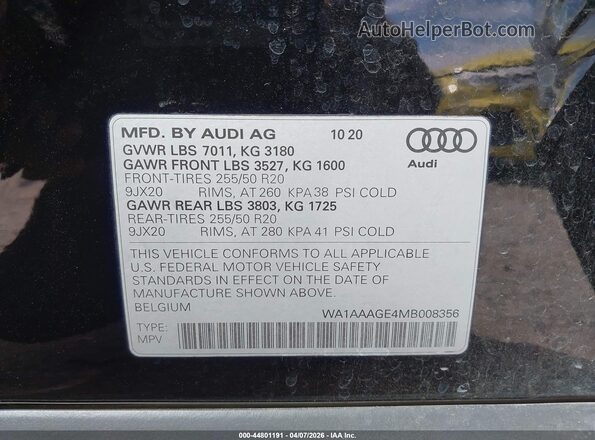 WA1AAAGE4MB008356 2021 AUDI E-TRON Black 